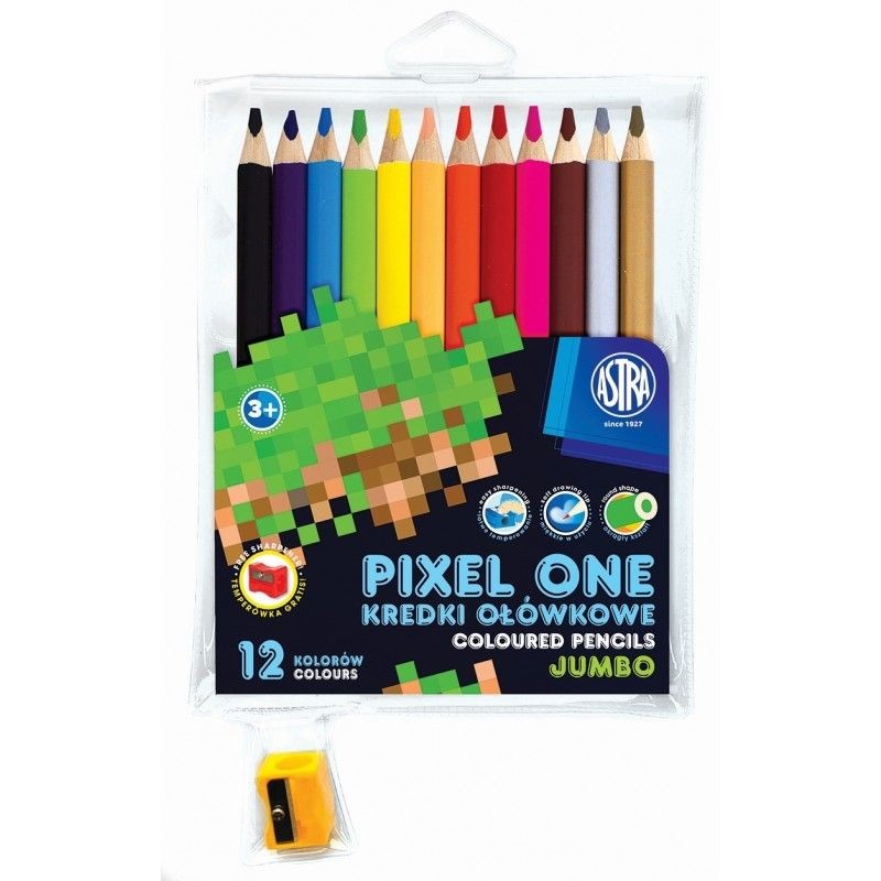 Kredki ołówkowe Jumbo okrągłe Kids Pixel One 12 kolorów + temperówka ASTRA 1 sztuka