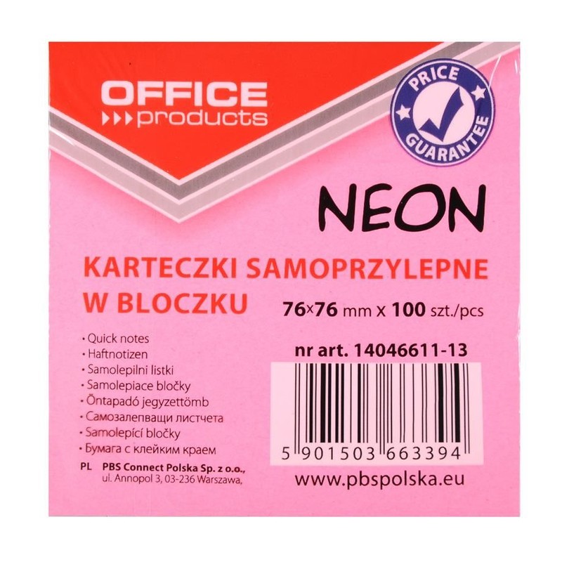 Bloczek samoprzylepny 76x76 mm 100k różowy neon Office Products 1 sztuka