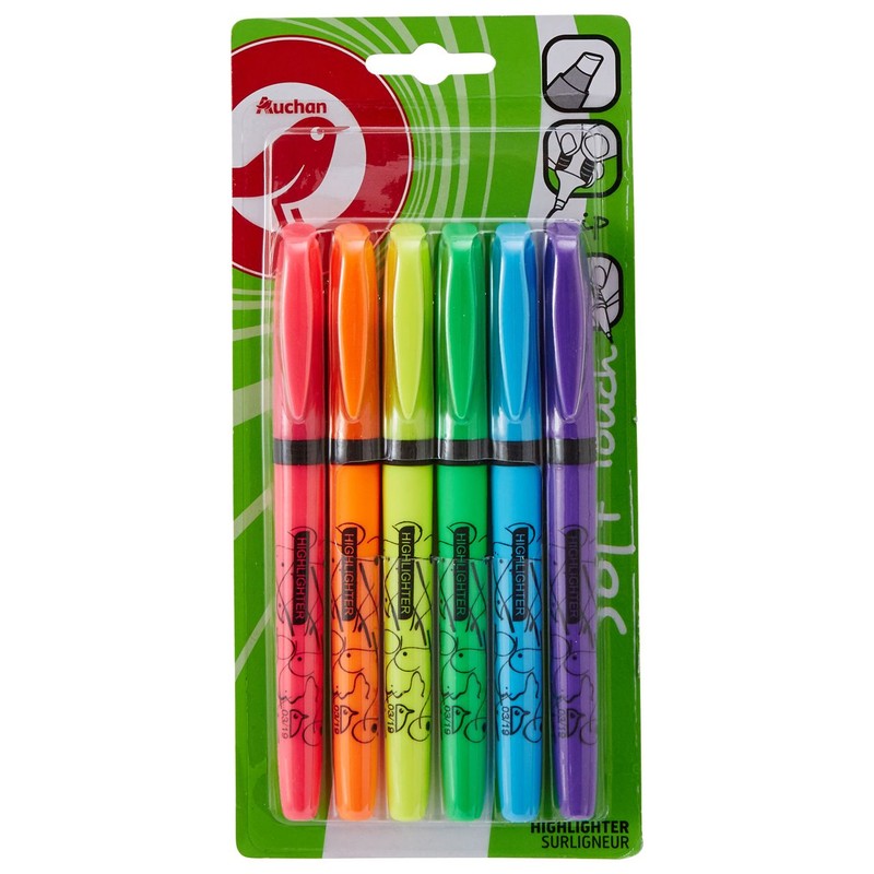 Zakreślacze ze ściętą końcówką w 6 kolorach Auchan 6 sztuk