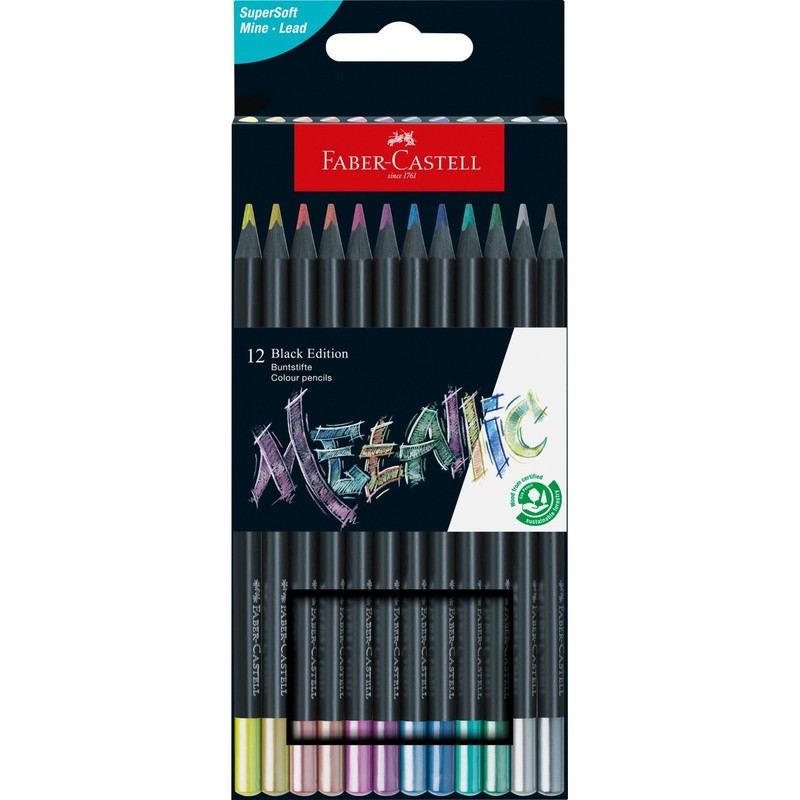 Kredki trójkątne Black Edition kolory metaliczne Faber Castell 12 sztuk
