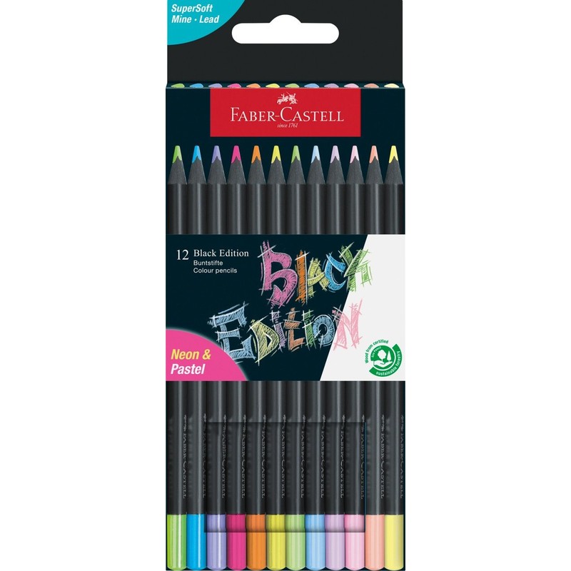 Kredki trójkątne Black Edition kolory pastelowe i neonowe Faber Castell 12 sztuk