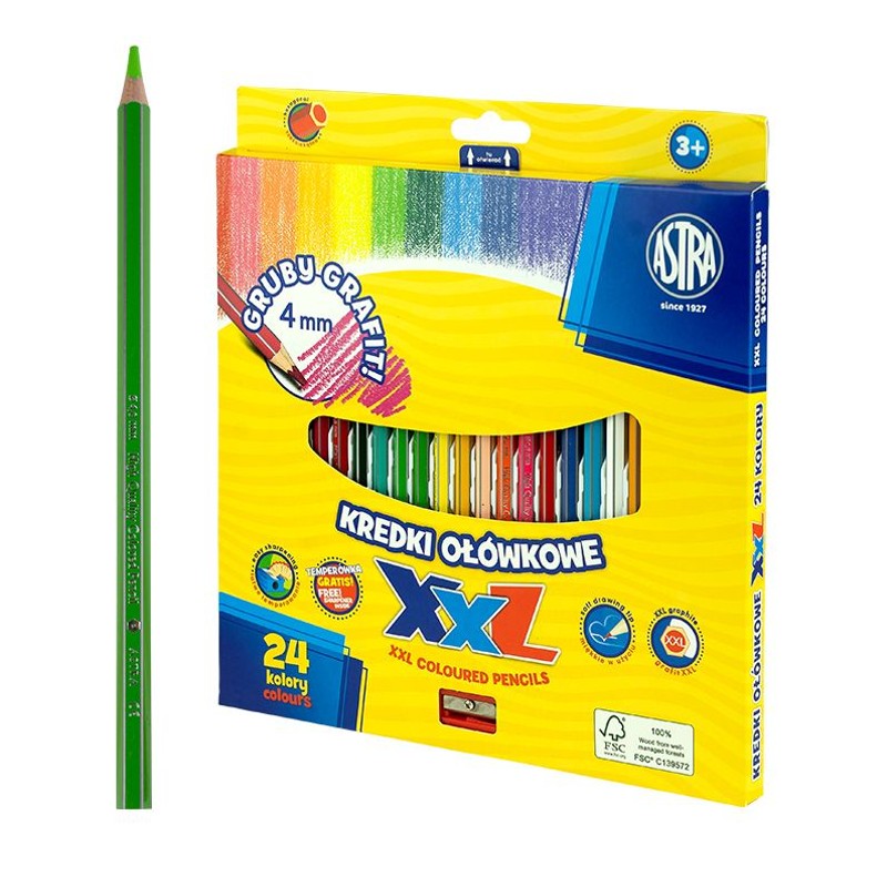 Kredki ołówkowe hexagonalne Grafit XXL 4 mm 24 kolory z temperówką ASTRA 24 sztuki