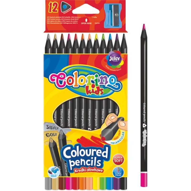 Kredki ołówkowe trójkątne 12 kol. czarne drewno + temperówka Colorino Kids 12 sztuk