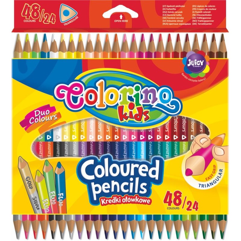 Kredki ołówkowe trójkątne dwukolorowe 24 szt 48 kolorów Colorino Kids 24 sztuki