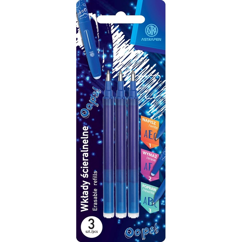 Wkłady wymazywalne niebieskie 0,6 mm Astrapen Oops! 3 szt. blister ASTRA 3 sztuki