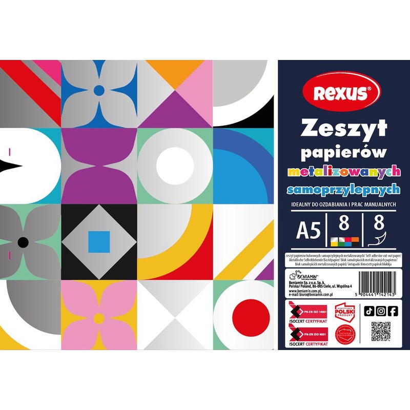 Zeszyt papierów kolorowych samoprzylepnych metalizowanych A5/8k Rexus 1 sztuka