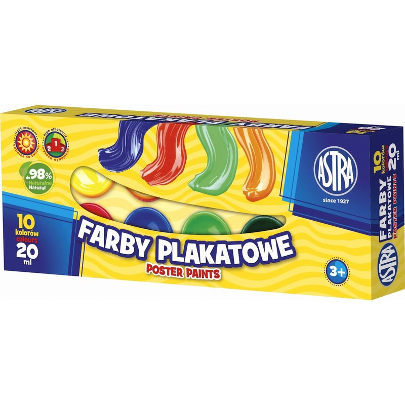 Farby plakatowe szkolne 10 kolorów x 20 ml Astra 10 sztuk