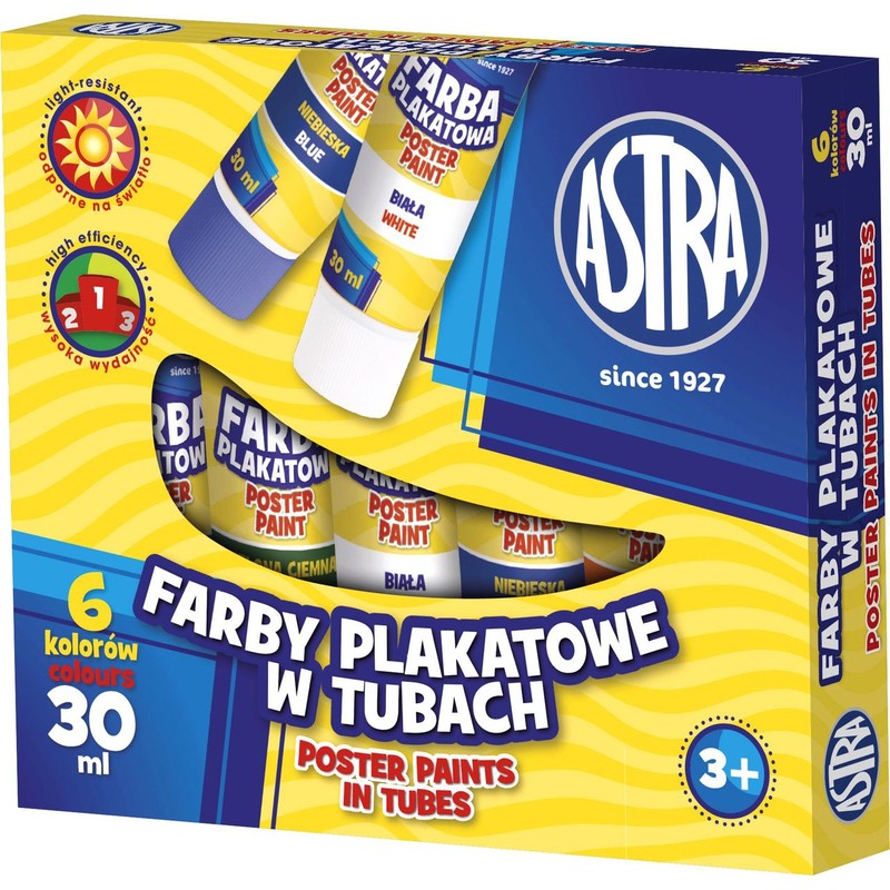 Farby plakatowe 6 kol x 30 ml tuba ASTRA 6 sztuk