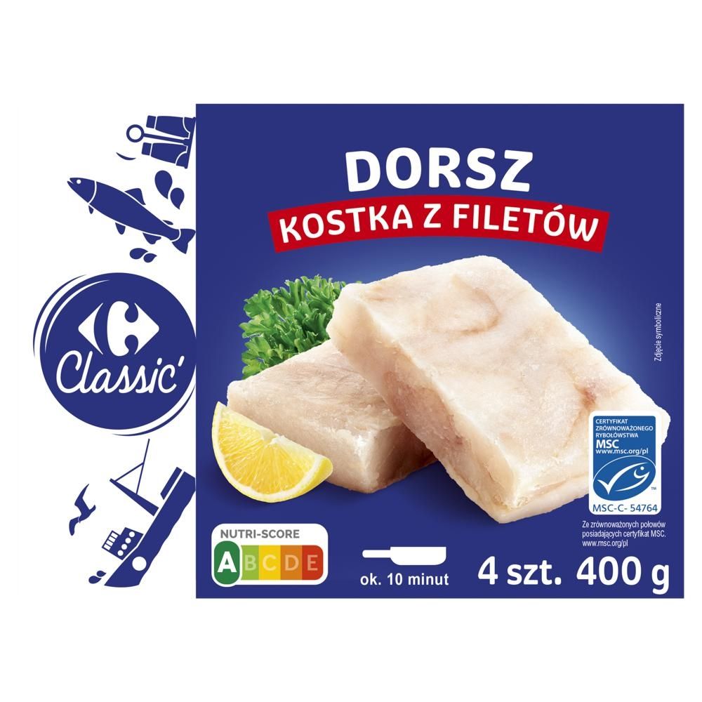 Carrefour Classic Dorsz kostka z filetów 400 g (4 sztuki)