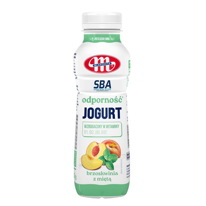 Jogurt pitny Odporność brzoskwinia z miętą  Mlekovita 330 g