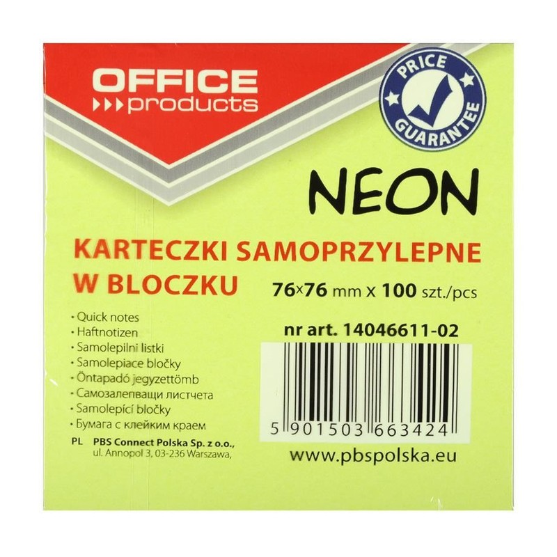 Bloczek samoprzylepny 76x76 mm 100k zielony neon Office Products 1 sztuka
