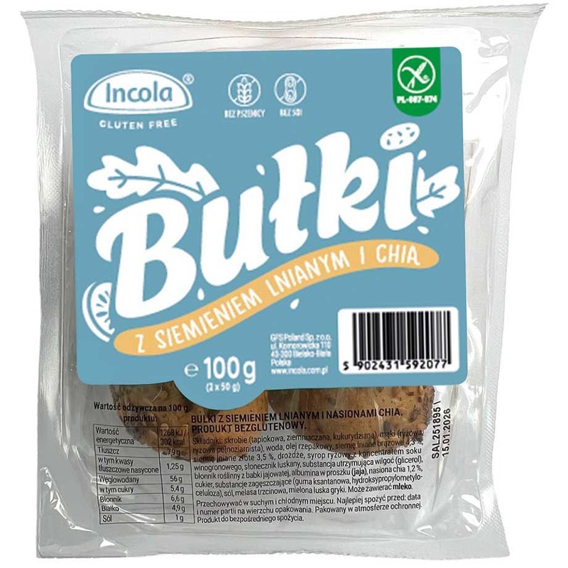 Bułki z siemieniem lnianym i chią bezglutenowe Incola 2 x 50 g