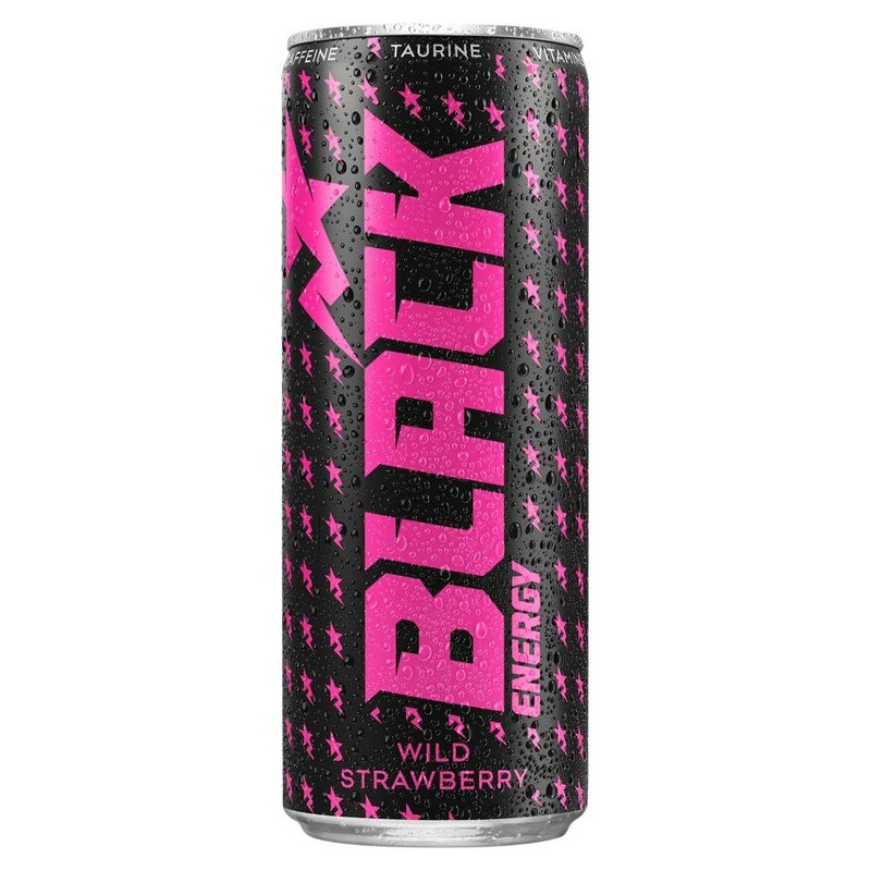 Gazowany napój energetyzujący o smaku poziomkowym z dodatkiem witamin  BLACK 250 ml