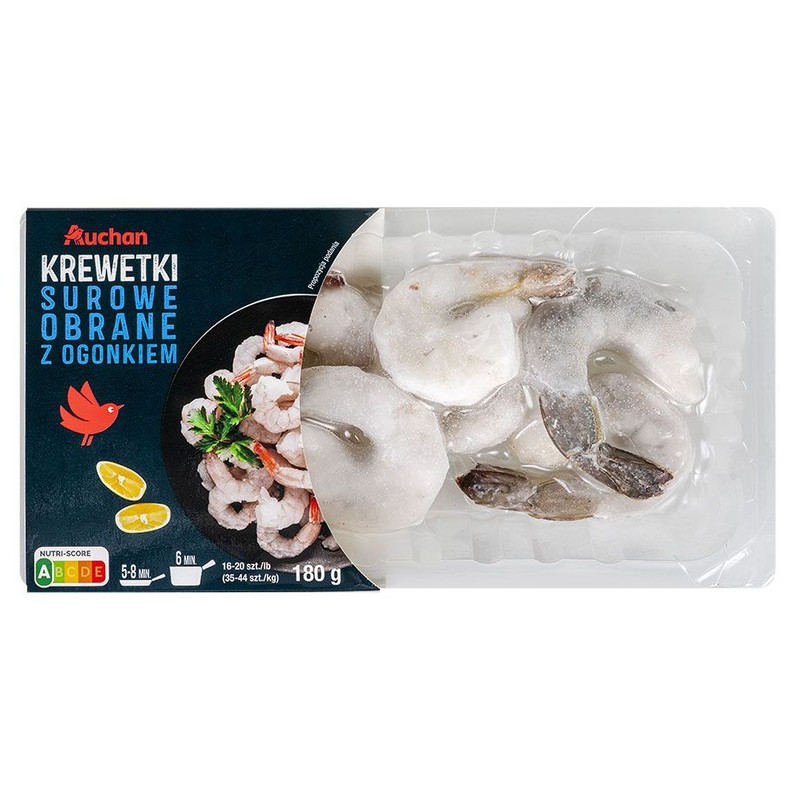 Krewetki surowe obrane z ogonkiem 16-20 Auchan 180 g
