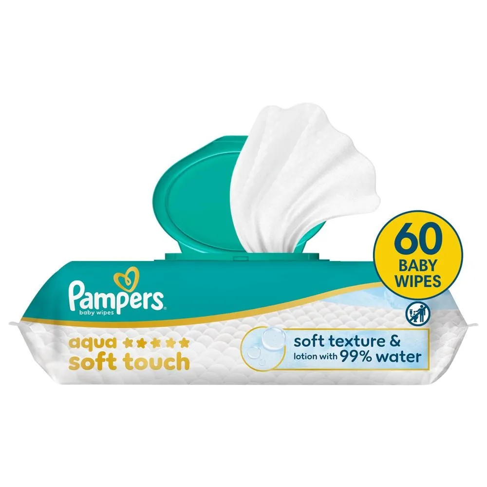 Pampers Aqua Soft Touch Chusteczki Nawilżane Dla Dzieci, 1 opakowanie po 60 Chusteczek szt