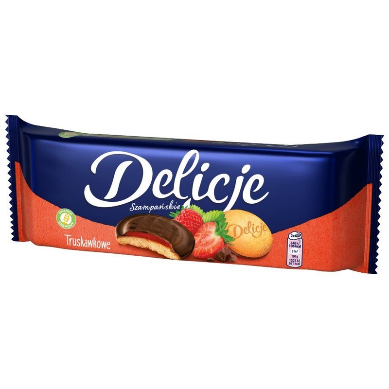 Biszkopty z galaretką truskawkową oblane czekoladą Delicje 147 g