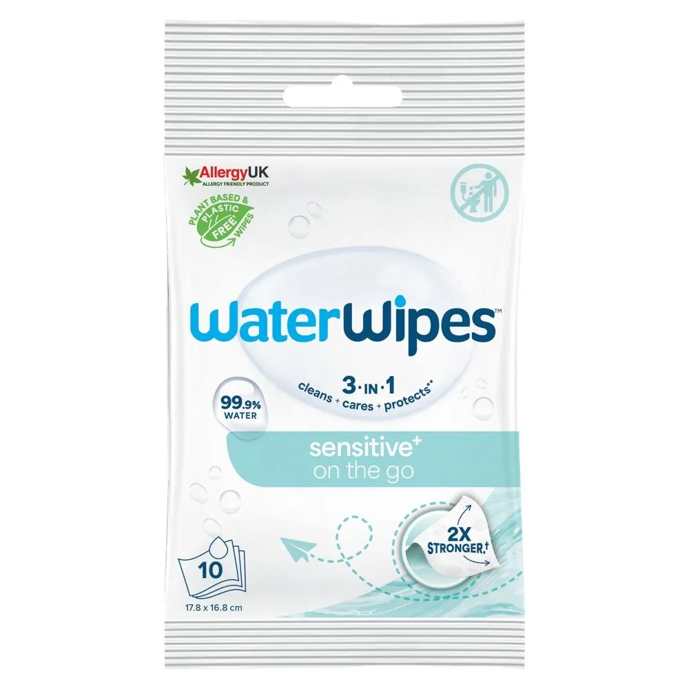 WaterWipes Sensitive+ Chusteczki nawilżone podróże 17,8 x 16,8 cm 10 sztuk