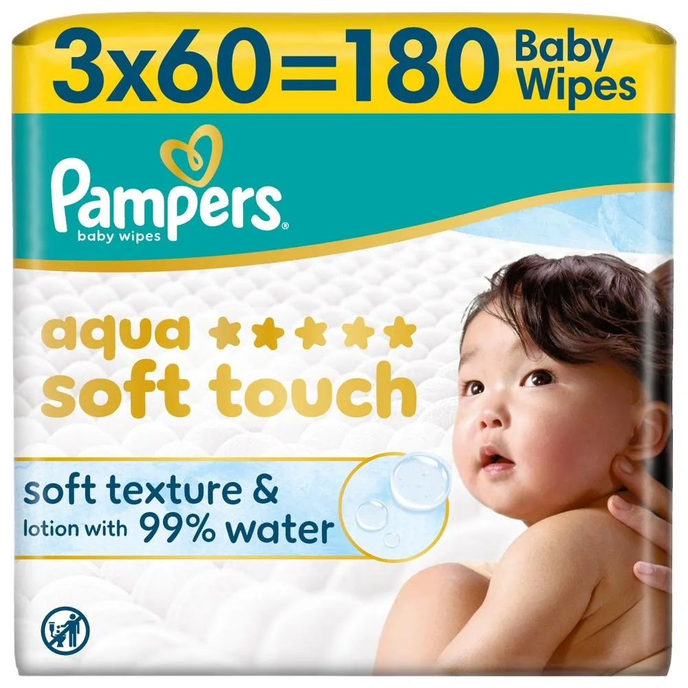 Pampers Aqua Soft Touch Chusteczki Nawilżane Dla Dzieci, 3 Opakowania po 60 Chusteczek szt