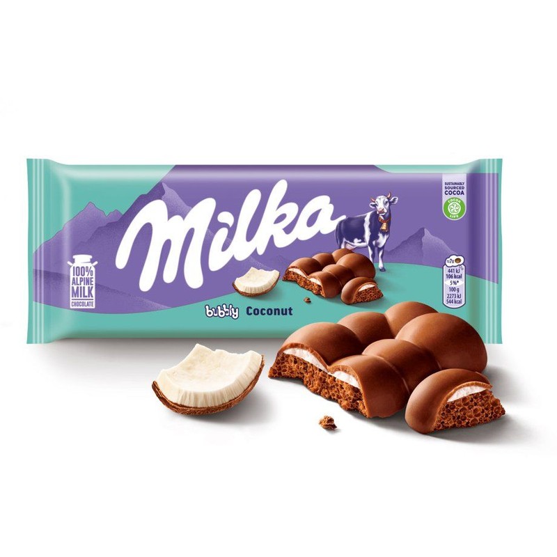 Czekolada mleczna bubbly Coconut Milka 97 g