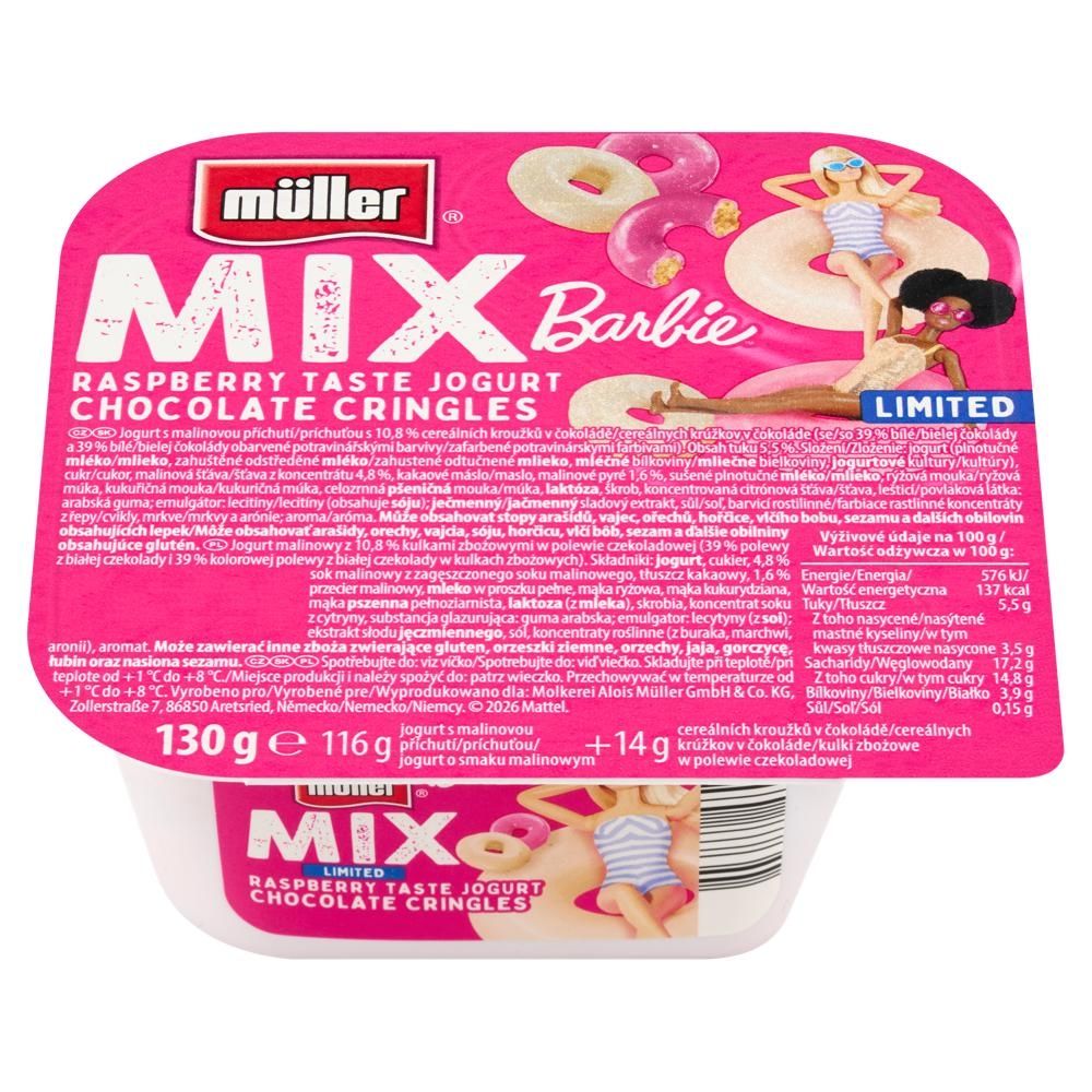 Müller Mix Jogurt malinowy z kulkami zbożowymi w polewie czekoladowej 130 g