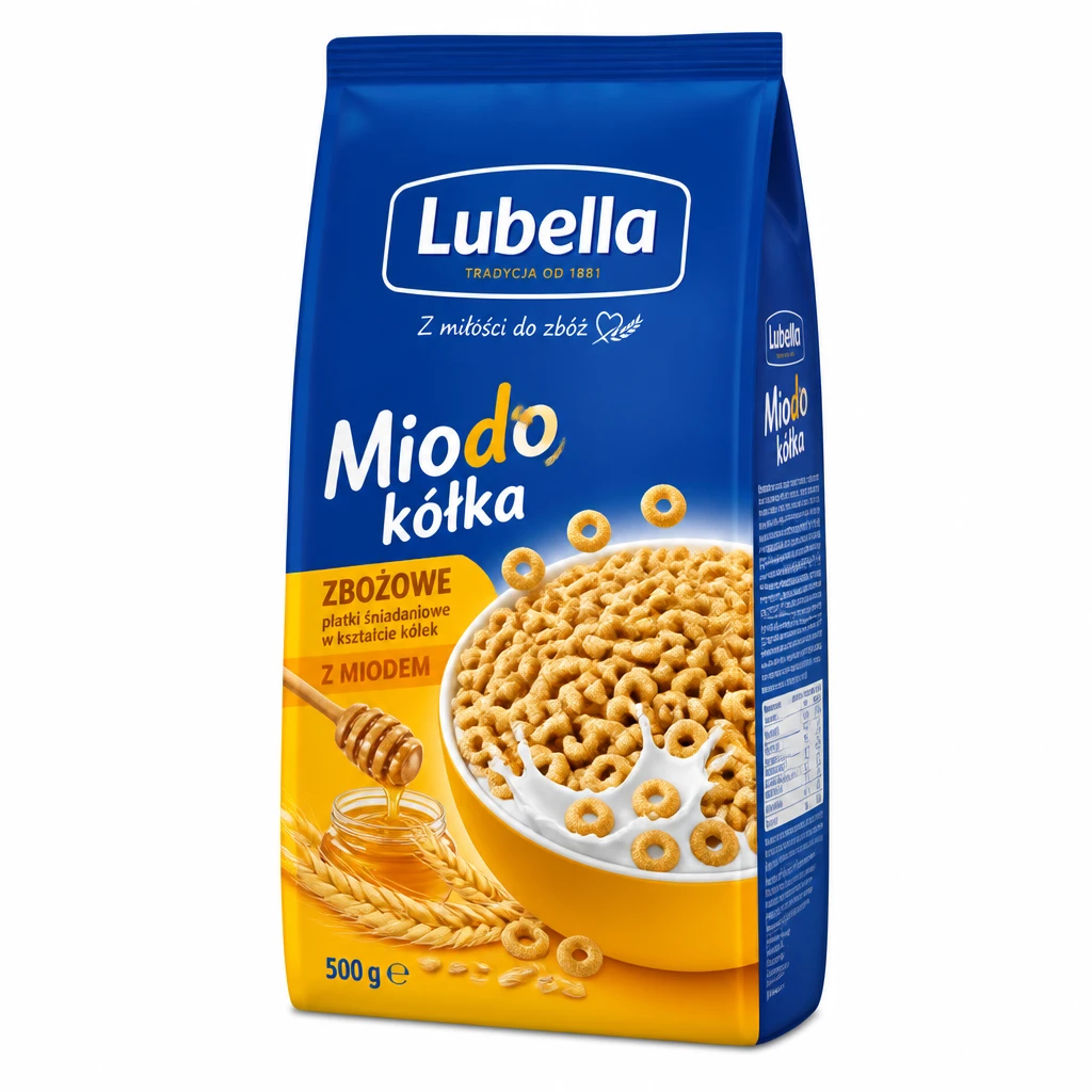 Lubella Miodo kółka Zbożowe płatki śniadaniowe w kształcie kółek z miodem 500 g