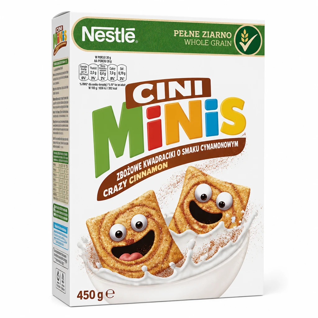 Nestlé Cini Minis Zbożowe kwadraciki o smaku cynamonowym 450 g