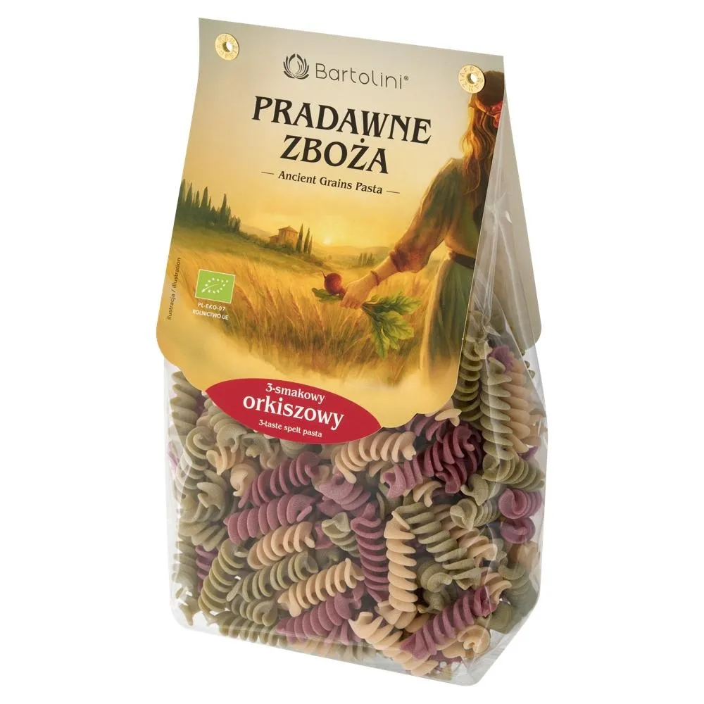 Bartolini Pradawne Zboża Makaron 3-smakowy orkiszowy świderek nr 5 250 g
