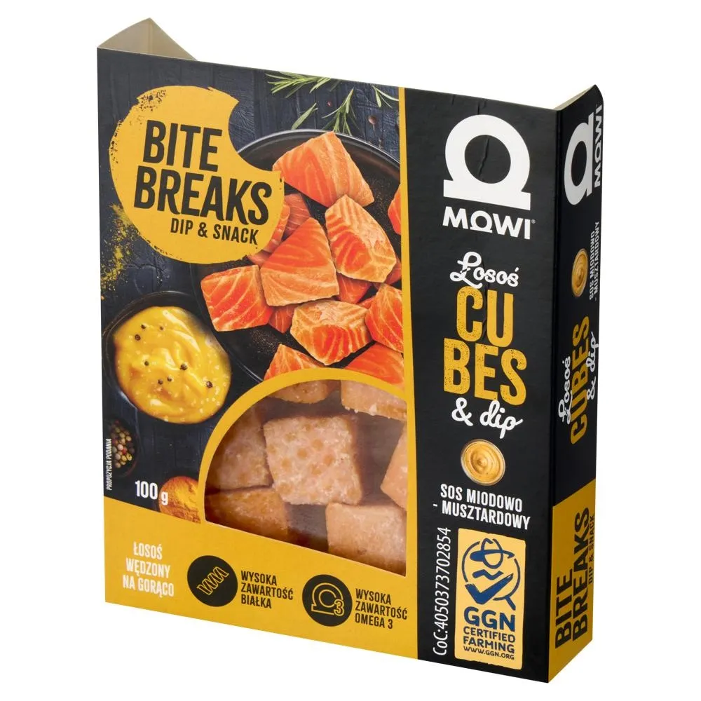 Mowi Bite Breaks Kostki z łososia wędzone na gorąco z sosem miodowo-musztardowym 100 g
