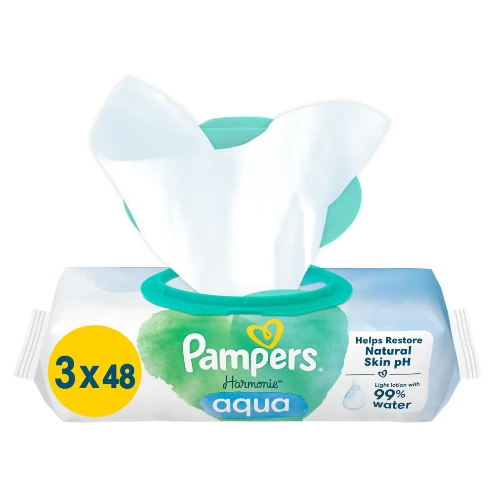 Pampers Harmonie aqua Chusteczki nawilżane dla dzieci 3 opakowań = 144 chusteczek