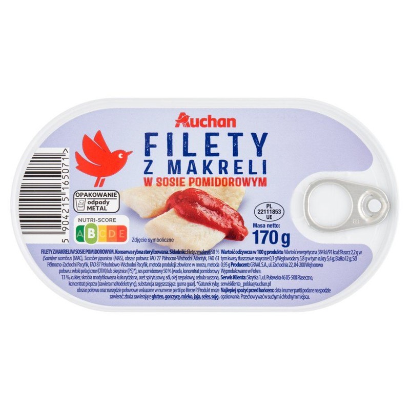 Filety z makreli w sosie pomidorowym Auchan 170 g