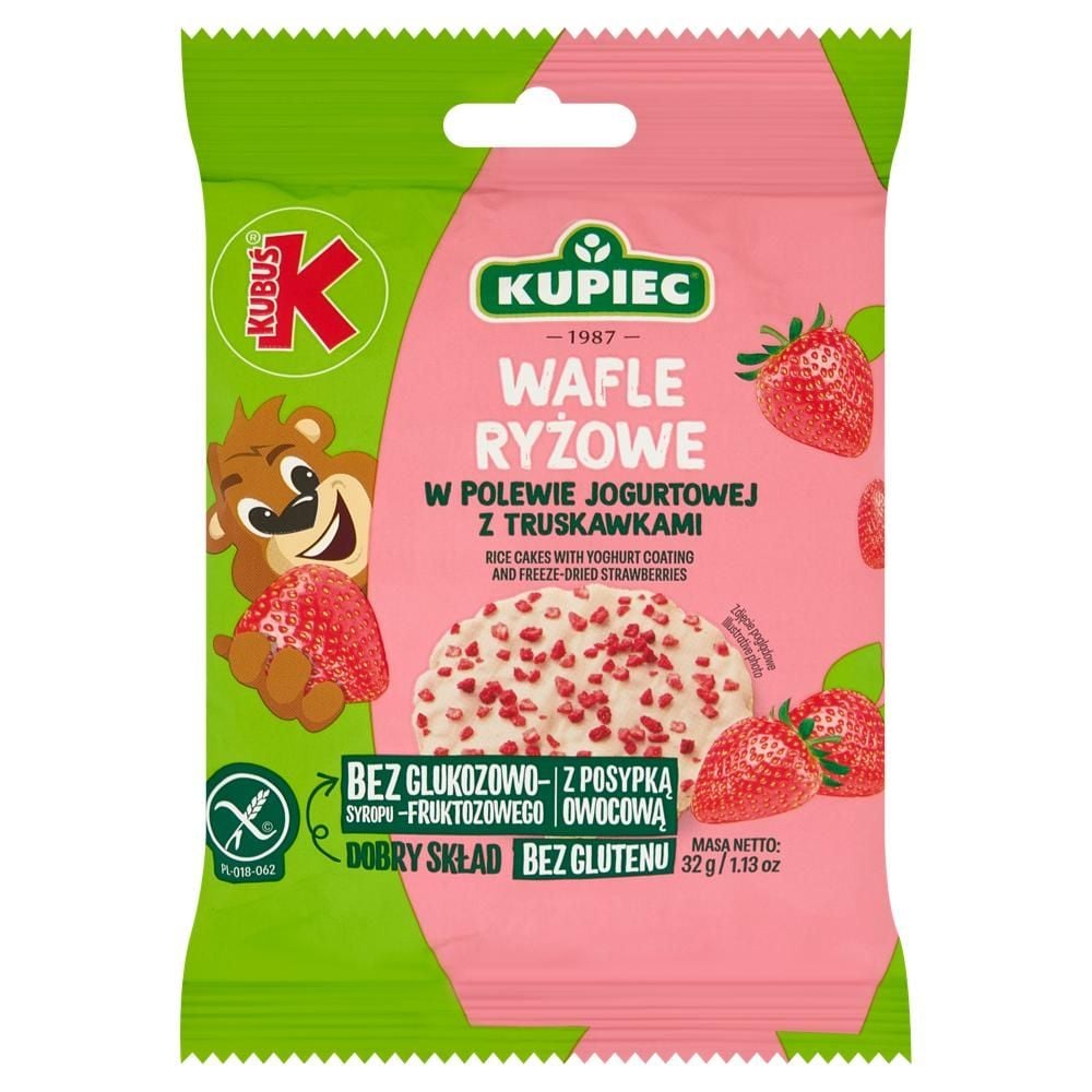 Kupiec Wafle ryżowe w polewie jogurtowej z truskawkami 32 g (2 sztuki)
