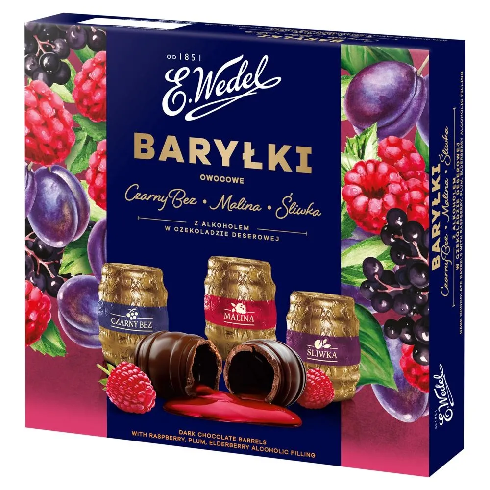 E. Wedel Baryłki owocowe czarny bez malina śliwka z alkoholem w czekoladzie deserowej 200 g