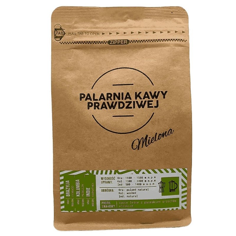 Kawa mielona palona Brazylia-Kolumbia-Indie Palarnia Kawy Prawdziwej 250 g