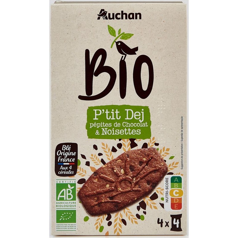 BIO Ciasteczka śniadaniowe z kawałkami czekolady i orzechami laskowymi Auchan 130 g