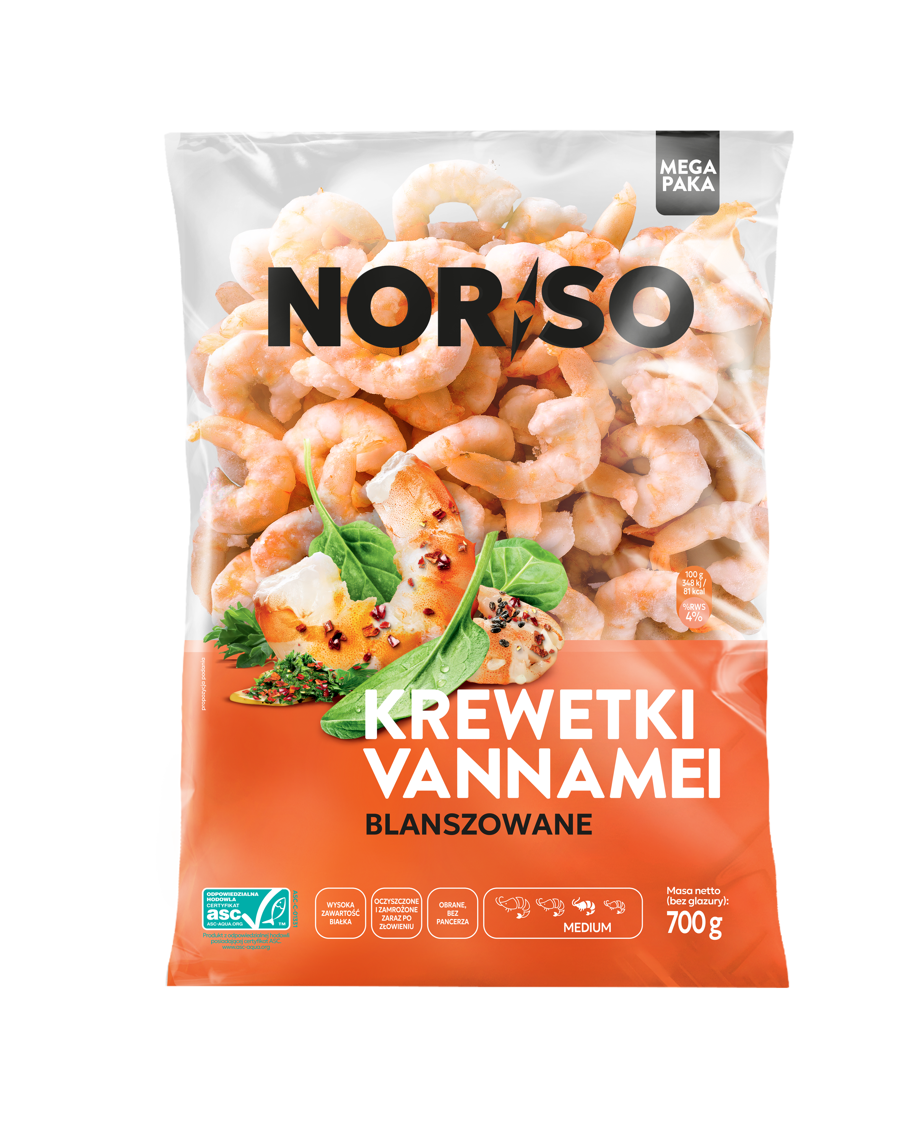 Norso Krewetki Blanszowane, Obrane, Bez Ogonka 700 G