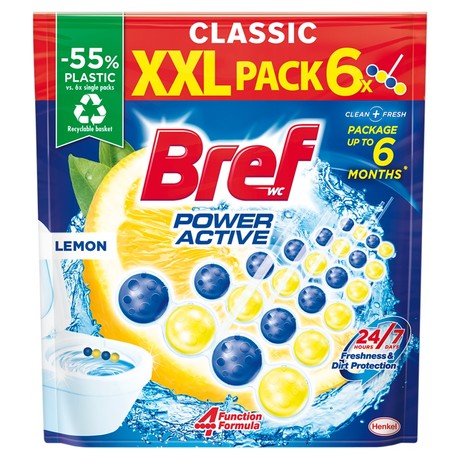 Bref WC Power Active XXL Lemon Zawieszka myjąco-zapachowa do WC 300 g (6 x 50 g)