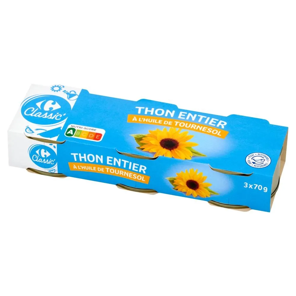 Carrefour Classic Tuńczyk pasiasty w kawałkach w oleju słonecznikowym 210 g (3 x 70 g)