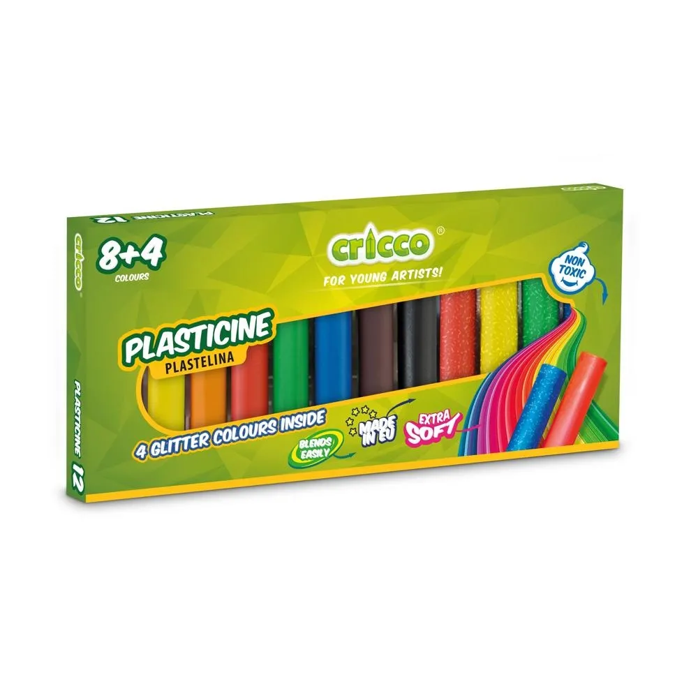 Plastelina Cricco 12 kolorów (8x regular + 4x brokat)