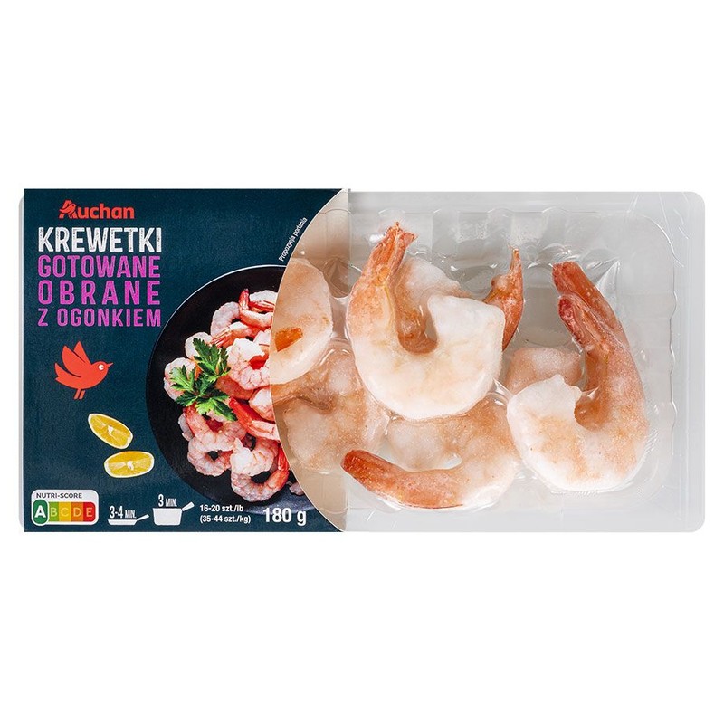 Krewetki gotowane obrane z ogonkiem 16-20 Auchan 180 g