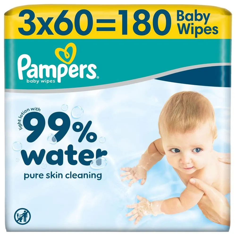 Pampers 99% Water Chusteczki Nawilżane Dla Dzieci, 3 Opakowania po 60 Chusteczek = 180 szt