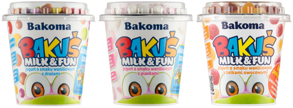 Bakoma Bakuś Milk & Fun Jogurt o smaku waniliowym mix smaków 128g/135g