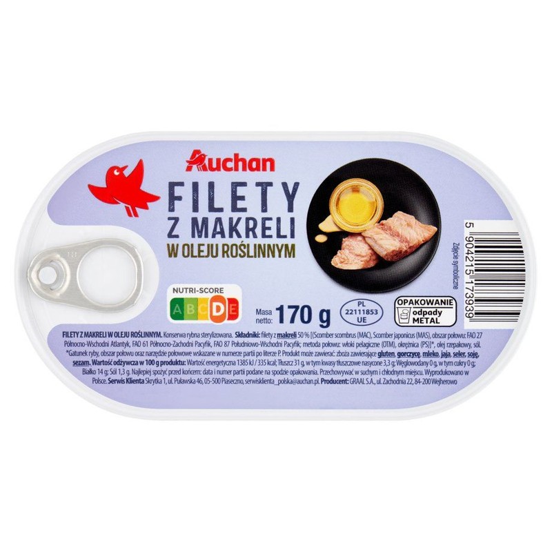 Filety z makreli w oleju rzepakowym Auchan 170 g