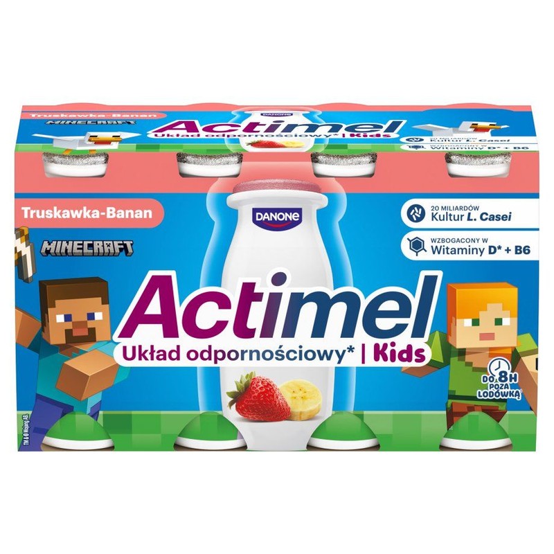 Actimel L.casei z witaminami B6 i D truskawka, banan Danone 8 x 100 g
