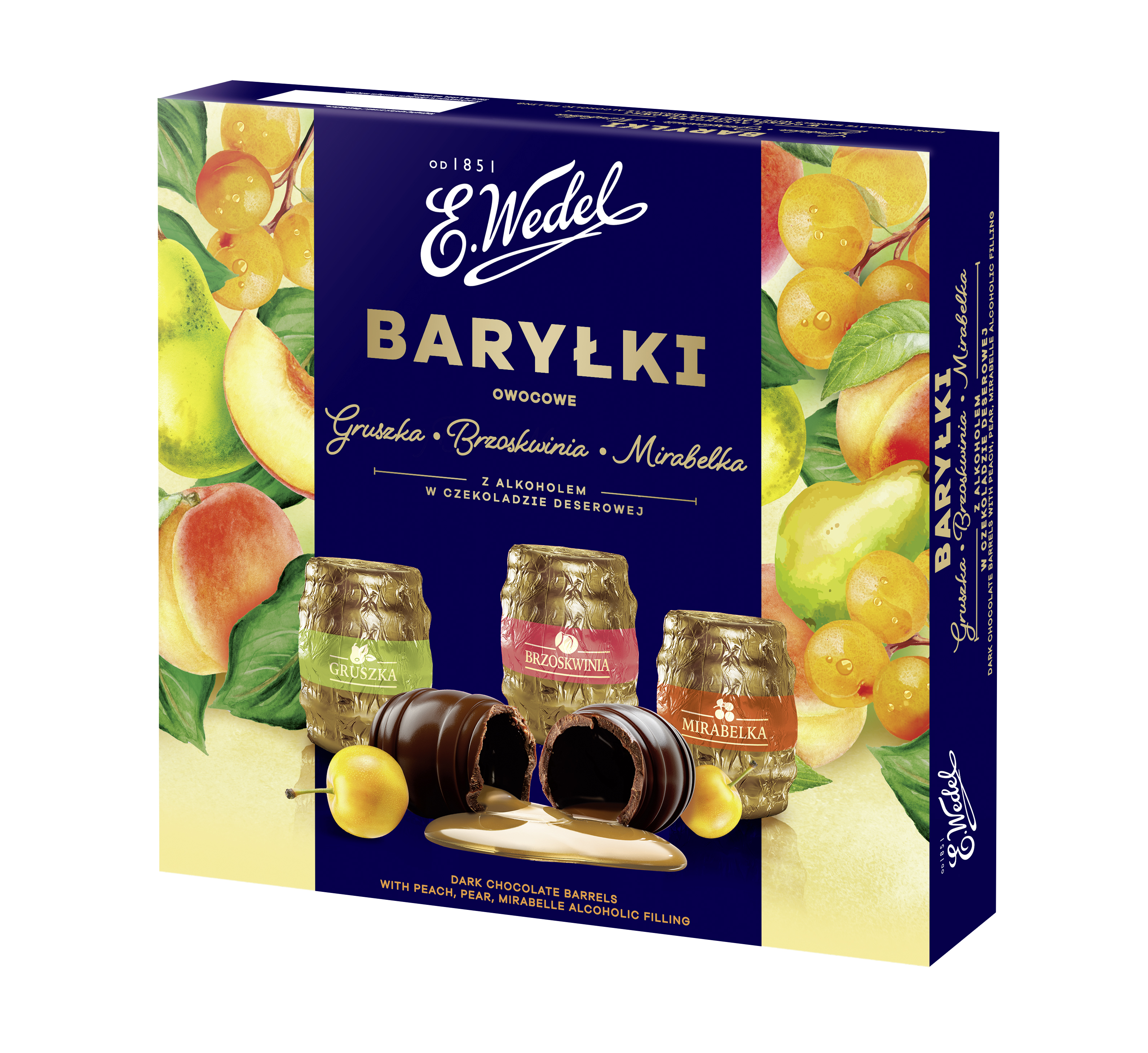E.Wedel Baryłki Owocowe Gruszka, Brzoskwinia, Mirabelka Z Alkoholem W Czekoladzie Deserowej 200G