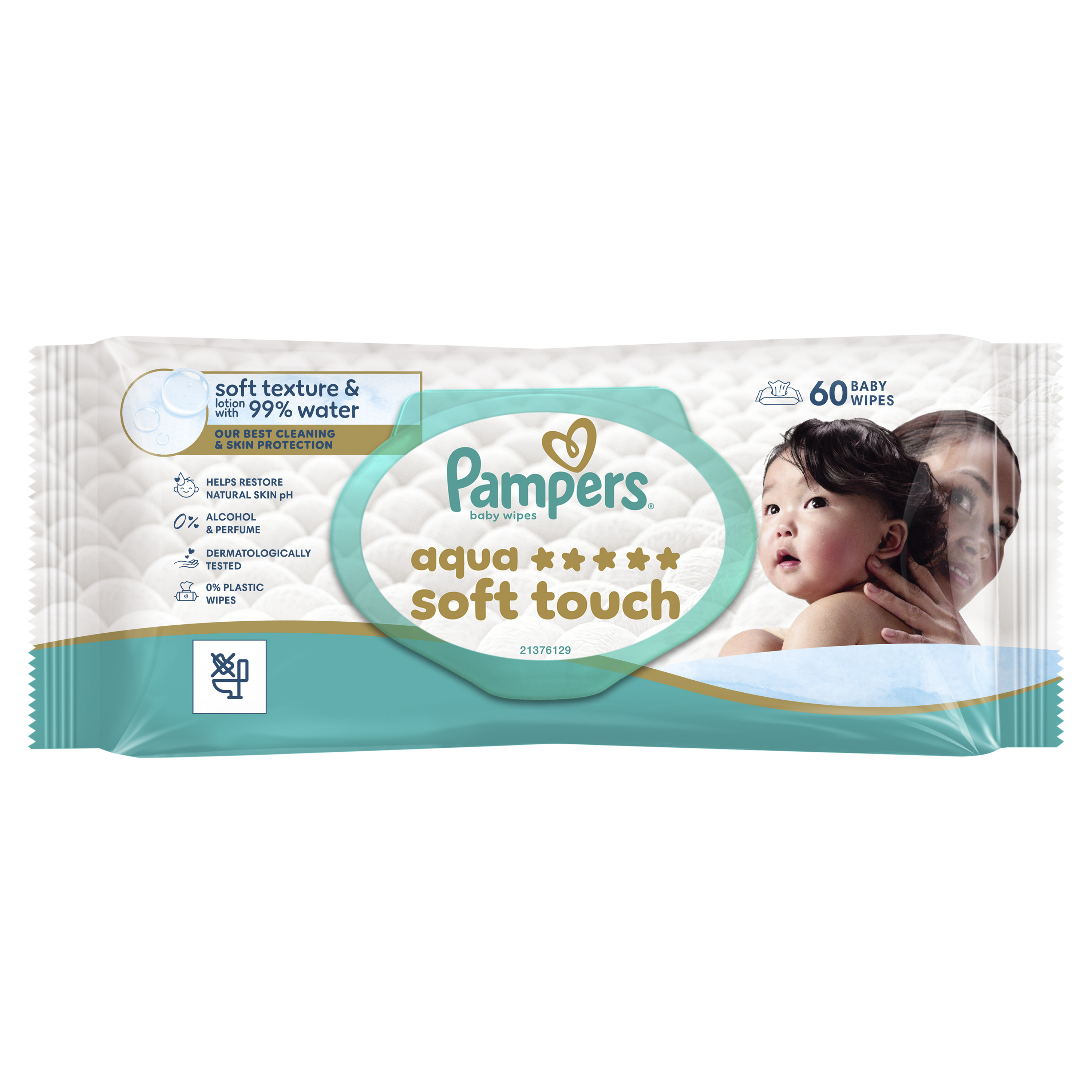 Pampers Aqua Soft Touch Chusteczki Nawilżane Dla Dzieci, 1 Opakowanie Po 60 Szt. Chusteczek