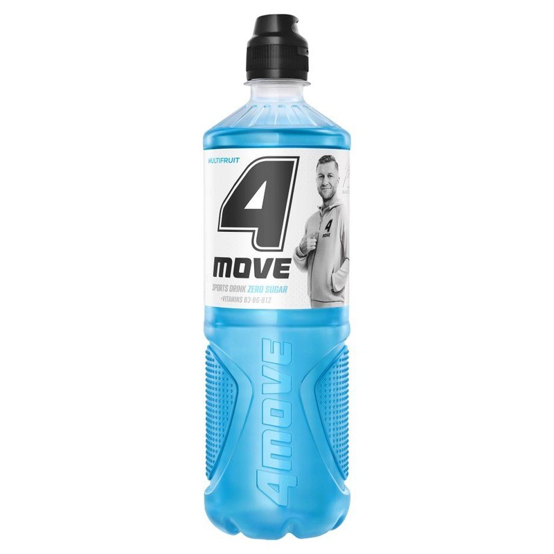 Napój niegazowany o smaku wieloowocowym z dodatkiem witamin (niacyna, witamina B6, witamina B12). Nie zawiera cukru. Zawiera substancje słodzące.  4Move 750 ml