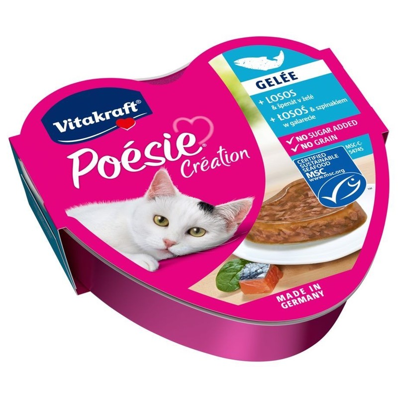Karma mokra dla kotów w galarecie z łososiem i szpinakiem Poesie 85 g