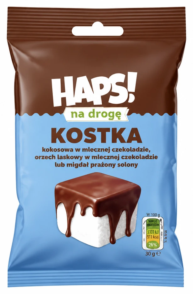 Kostki kokosowe w mlecznej czekoladzie, orzechy laskowy w mlecznej czekoladzie lub migdały prażone solone Haps