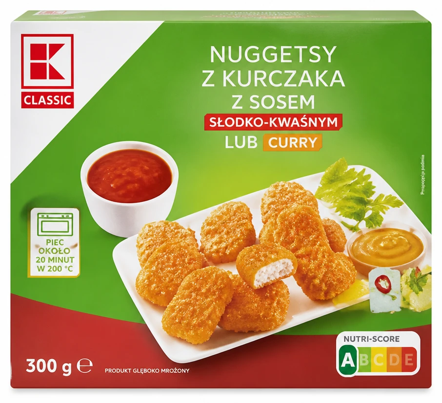 Nuggetsy z kurczaka z sosem słodko-kwaśnym lub curry