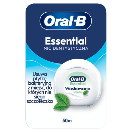 Oral-B Essential Floss –– Woskowana Nić Dentystyczna do Ciasnych Przestrzeni – Smak Miętowy – 50 m